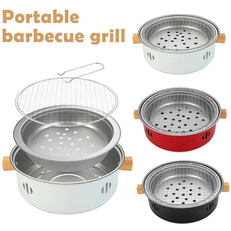 Carvallo Koreansk kolgrill rund | Bärbar BBQ-ugn av järn | 32 × 10 cm | Non-stick grillgaller | För camping och utomhus Carvallo