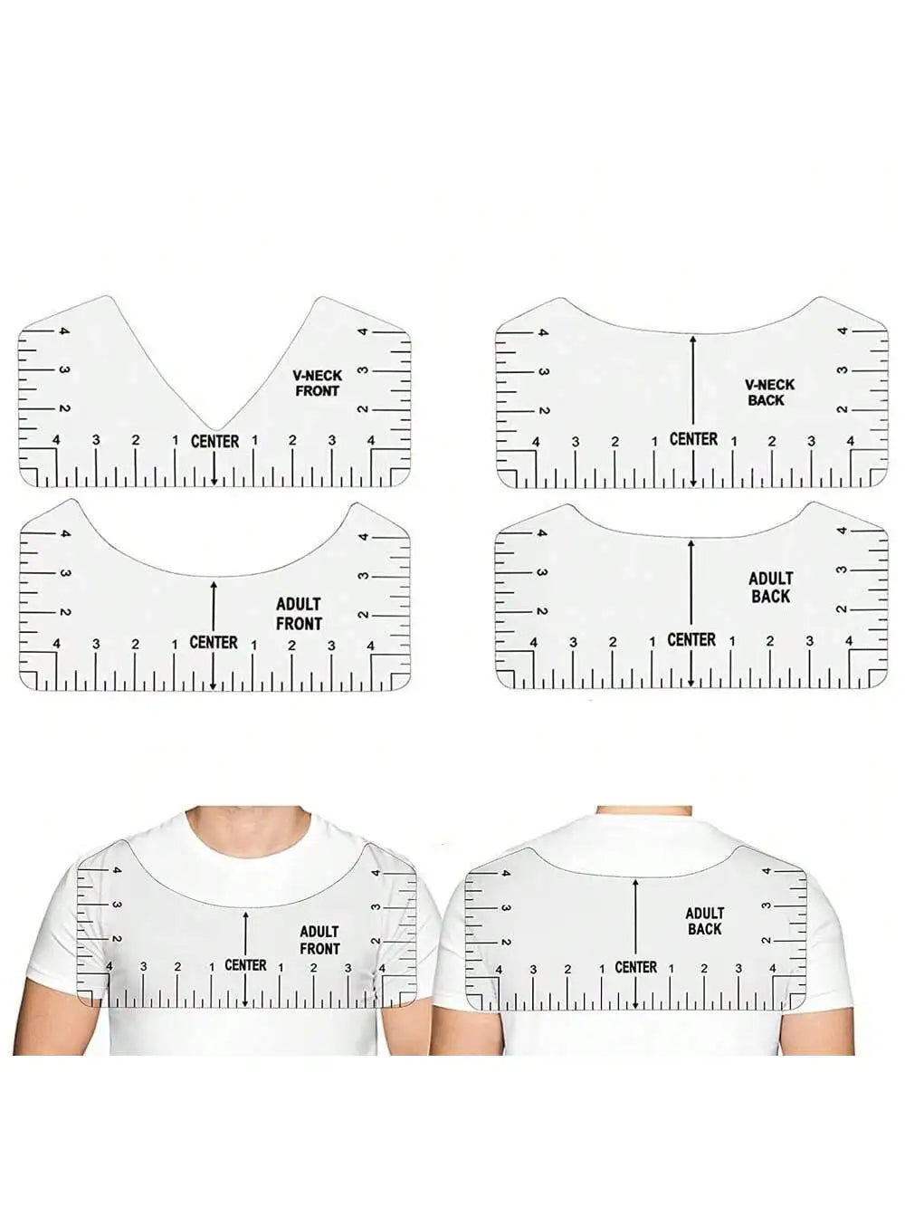 Carvallo T-Shirt Justeringslinjaler i set | 4/8 styck | Flexibelt PVC-mätsverktyg för textiltryck & sömnadsarbeten | För vuxna & barnstorlekar Carvallo