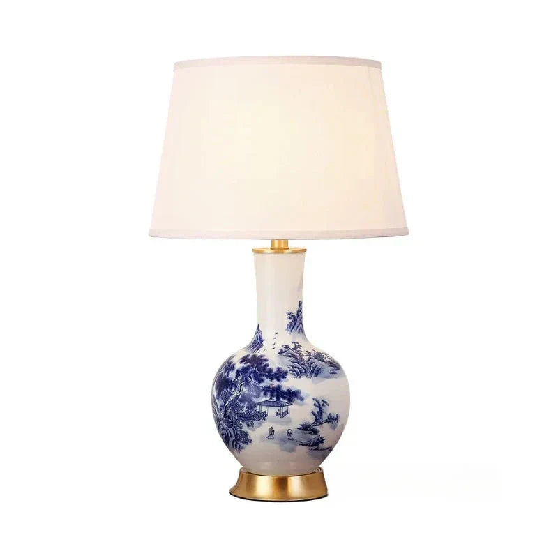 LumiChinois - Keramisk Bordslampa i Chinoiserie Stil med Textil Lampskärm Carvallo
