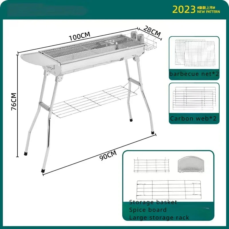 Carvallo Stort kolgrill i rostfritt stål | Hopfällbar & Bärbar | Utan montering | Med handtag | För trädgård & camping Carvallo