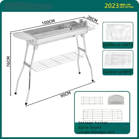 Carvallo Stort kolgrill i rostfritt stål | Hopfällbar & Bärbar | Utan montering | Med handtag | För trädgård & camping Carvallo