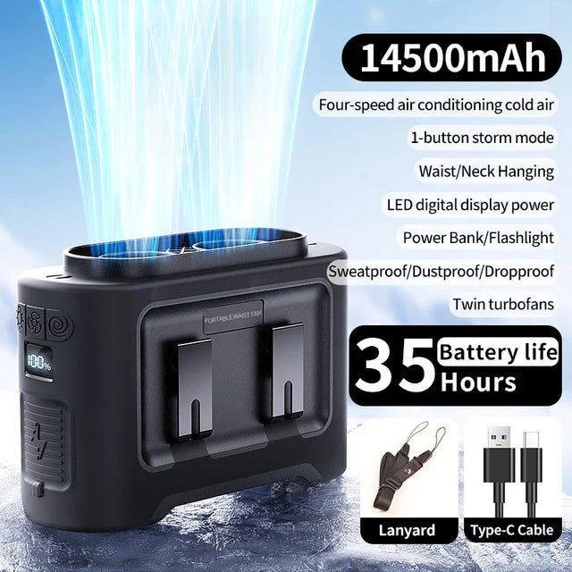 Carvallo StormClip Bärbar Utomhus-Bältesfläkt 2025 | 5-stegs Turbo-Vind | 360° Vridklipp | Powerbank & LED-ljus Carvallo