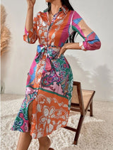 Print Belted skjortklänning med bälte-Clothes for women-Hemnix-Orange-S-Hemnix