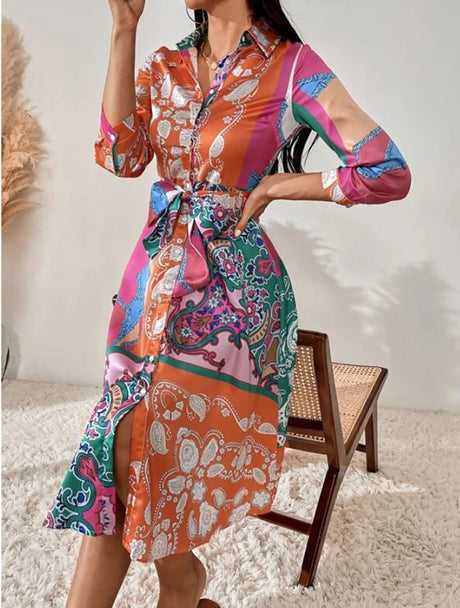Print Belted skjortklänning med bälte-Clothes for women-Hemnix-Orange-S-Hemnix