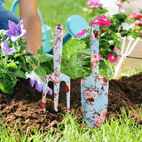 Carvallo GardenSet Trädgårdsverktygssats i rostfritt stål | 2-delad: Handskovel & Blomgaflar | 26–29,5 cm | Blommönster i 6 färger Carvallo