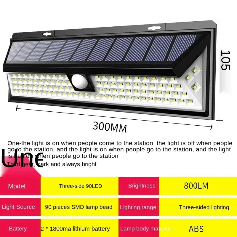 Carvallo 90 Solar Vägglampa med rörelsesensor | 90 LEDs | 3 lägen | IP65 Vattentålig | 4400 mAh Batteri | Utomhusbelysning för trädgård, terrass & gård Carvallo
