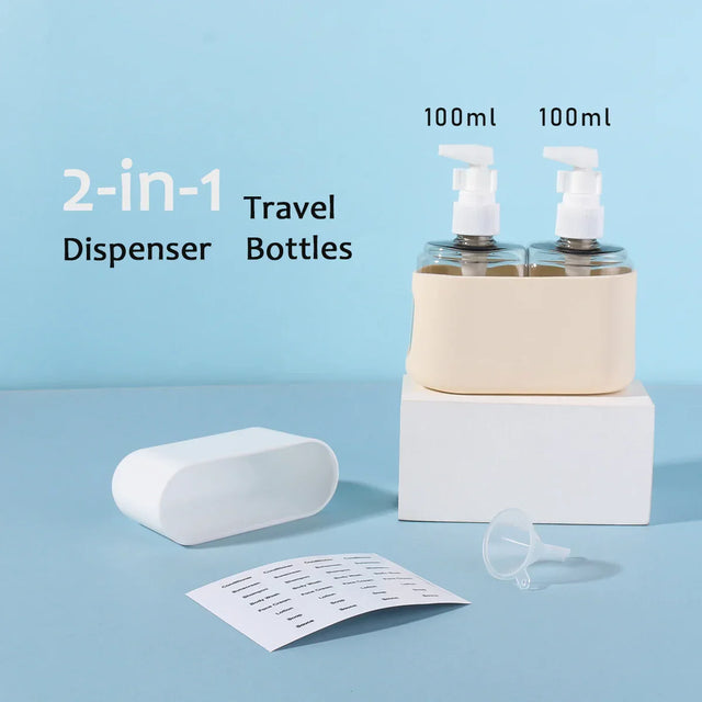 Carvallo Reseflaskor Set 2-i-1 | 100 ml Kombiflaske med tratt & etiketter | För schampo, duschgel, lotion | Läcksäker & TSA-godkänd Carvallo