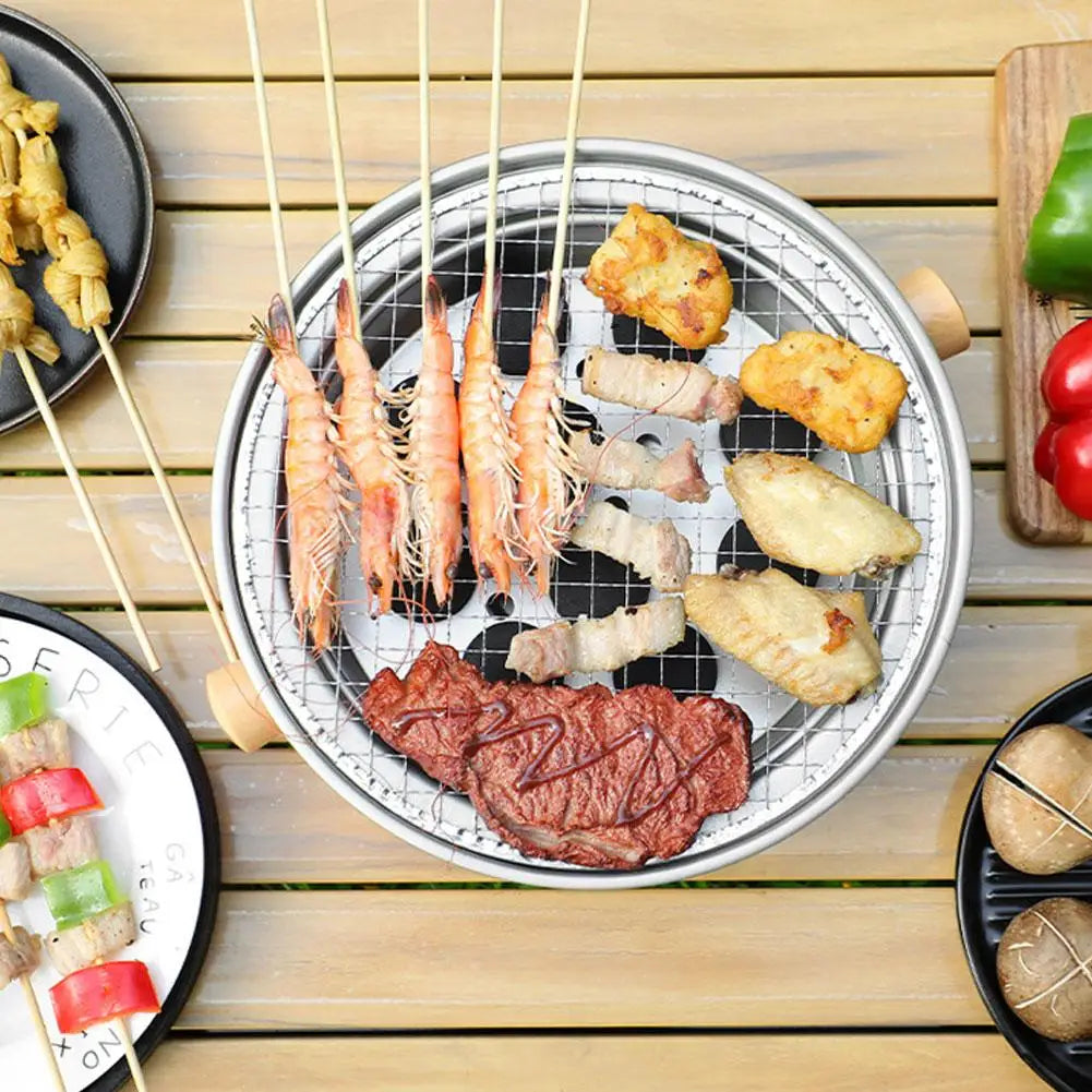 Carvallo Koreansk kolgrill rund | Bärbar BBQ-ugn av järn | 32 × 10 cm | Non-stick grillgaller | För camping och utomhus Carvallo