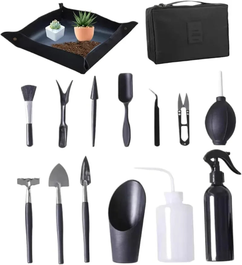 Carvallo MicroGarden Set 15-delat bonsai- & suckulentträdgårdsverktygsset | Med väska & planteringsmatta | För omplantering, beskärning & skötsel Carvallo