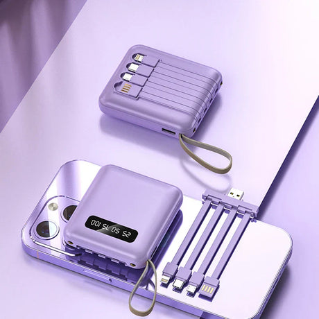 Carvallo-Powerbank med spegeldisplay | 20.000 mAh | Snabb laddningsfunktion & integrerade kablar | För iPhone, Samsung, Xiaomi & mer Carvallo