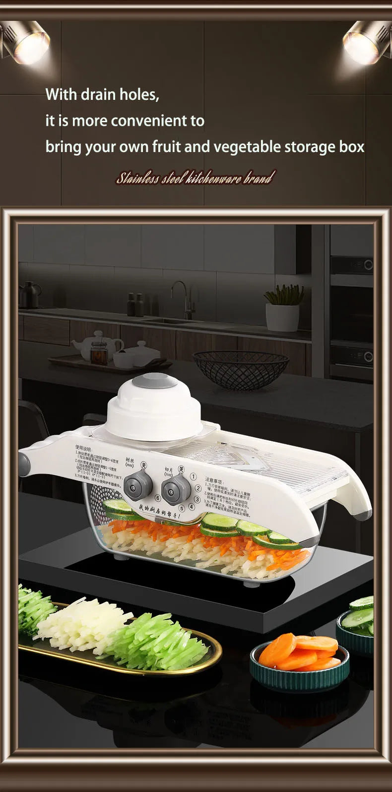 Carvallo Multifunktionell Grönsaksskärare med Uppsamlingbehållare | Citronrivare & Hyvel för Frukt, Potatis & Morötter | Justerbar Blad & Fingerskydd Carvallo