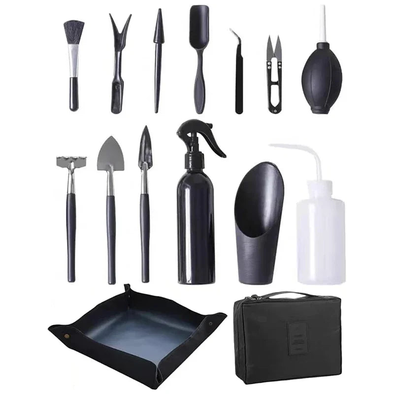 Carvallo MicroGarden Set 15-delat bonsai- & suckulentträdgårdsverktygsset | Med väska & planteringsmatta | För omplantering, beskärning & skötsel Carvallo