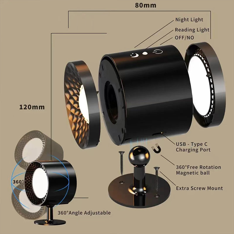 Uppladdningsbar 360° Rotationsbar Magnetisk LED Vägglampa – Justerbar Trådlös Nattlampa Carvallo