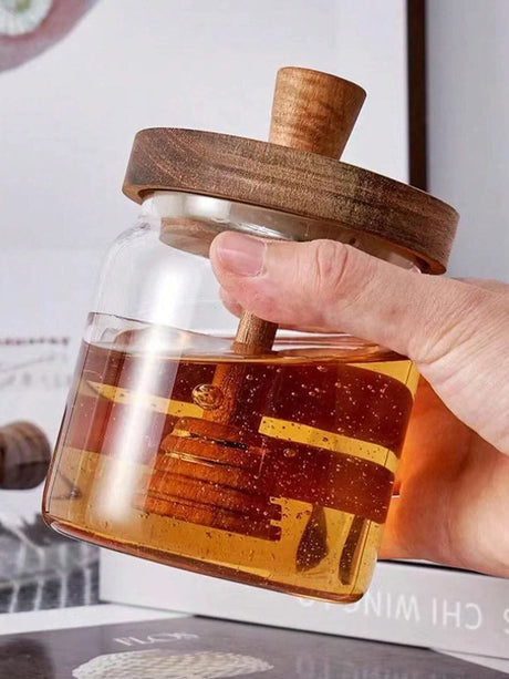 Carvallo Honungsglas med trälock & rörpinne | Lufttät förvaringsbehållare av glas | Transparent honungsbehållare för kök & frukostbord Carvallo