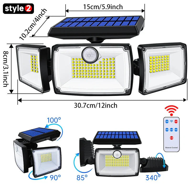 Carvallo MaxView 167 Solar Säkerhetsstrålkastare 167 LEDs | 3 Svängbara huvuden | Rörelsesensor & 3 Ljuslägen | IP65 Vattentät | 2200 Lumen Carvallo