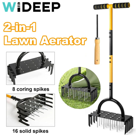 Carvallo AirCore Pro 2-i-1 Handgräsmatta-luftare av stål | Med 16 spikar & 8 jordkärnor | För trädgård, gräsmatta & markvård Carvallo