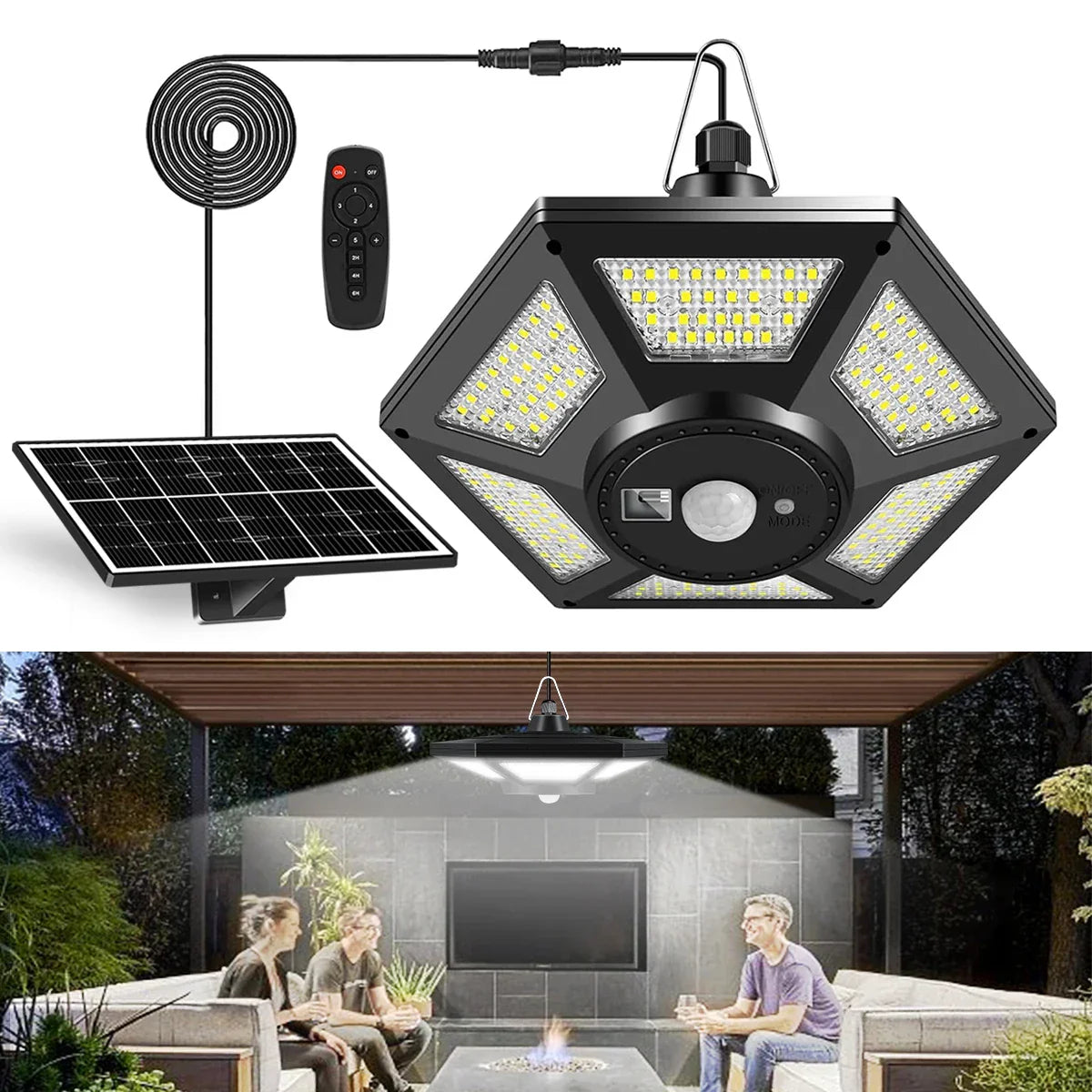 Carvallo LuminoDrop Solhängande lampa med 180 LED & fjärrkontroll | Rörelsesensor & 5 lägen | För terrass, garage & ladugård Carvallo