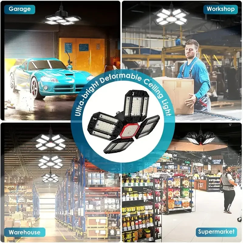 Carvallo LED Garage Lamp | Foldable Ceiling Light with 3–12 Adjustable Panels | E27 Socket | 6500K Daylight – For Workshop, Warehouse & Garage Carvallo