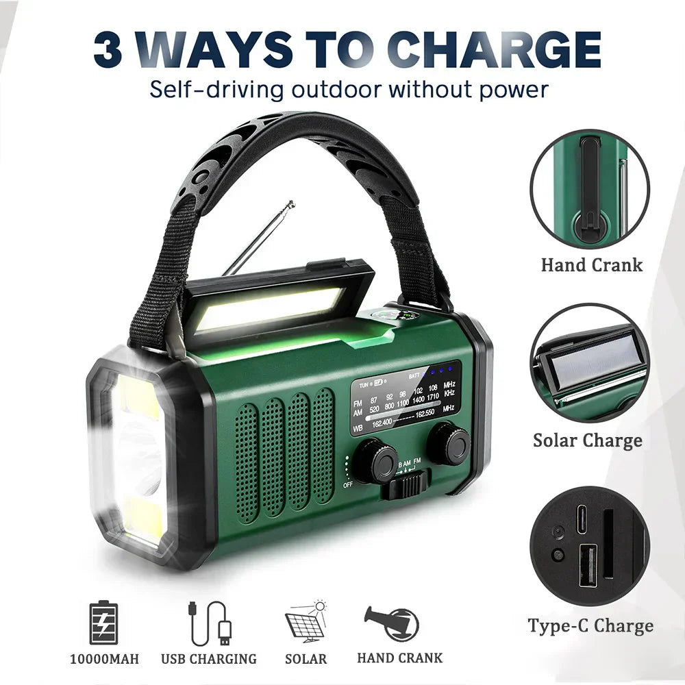 10000mAh Solcells Handvevad Nödradio med NOAA, Ficklampa och Powerbank Carvallo