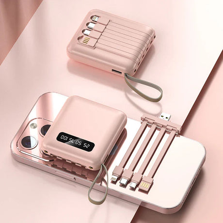 Carvallo-Powerbank med spegeldisplay | 20.000 mAh | Snabb laddningsfunktion & integrerade kablar | För iPhone, Samsung, Xiaomi & mer Carvallo