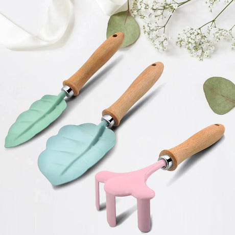 Carvallo MiniGarden Barn-trädgårdset med blad- & blomdesign | Trädgårdsskovel, kratta & gaffel av trä & metall Carvallo