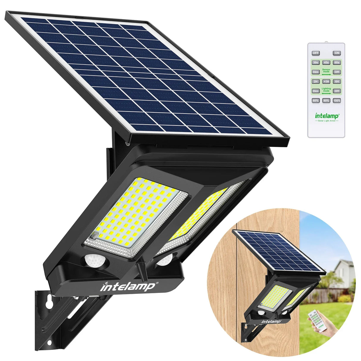 Carvallo Solar Utomhuslampa med Rörelsesensor | Ultraljus 3000LM | Med Fjärrkontroll & Skymningssensor | För Trädgård, Garage & Uppfart Carvallo