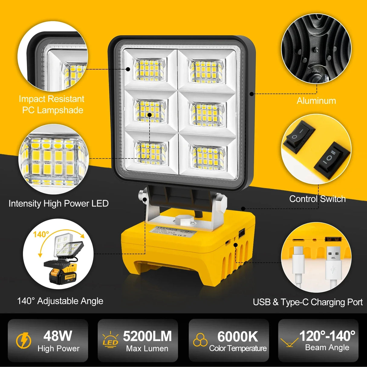 Carvallo 48 LED Arbetsljus | 48W Batteribygglampa | 5200 Lumen | USB-C Laddport | För DeWalt-batterier (utan batteri) Carvallo