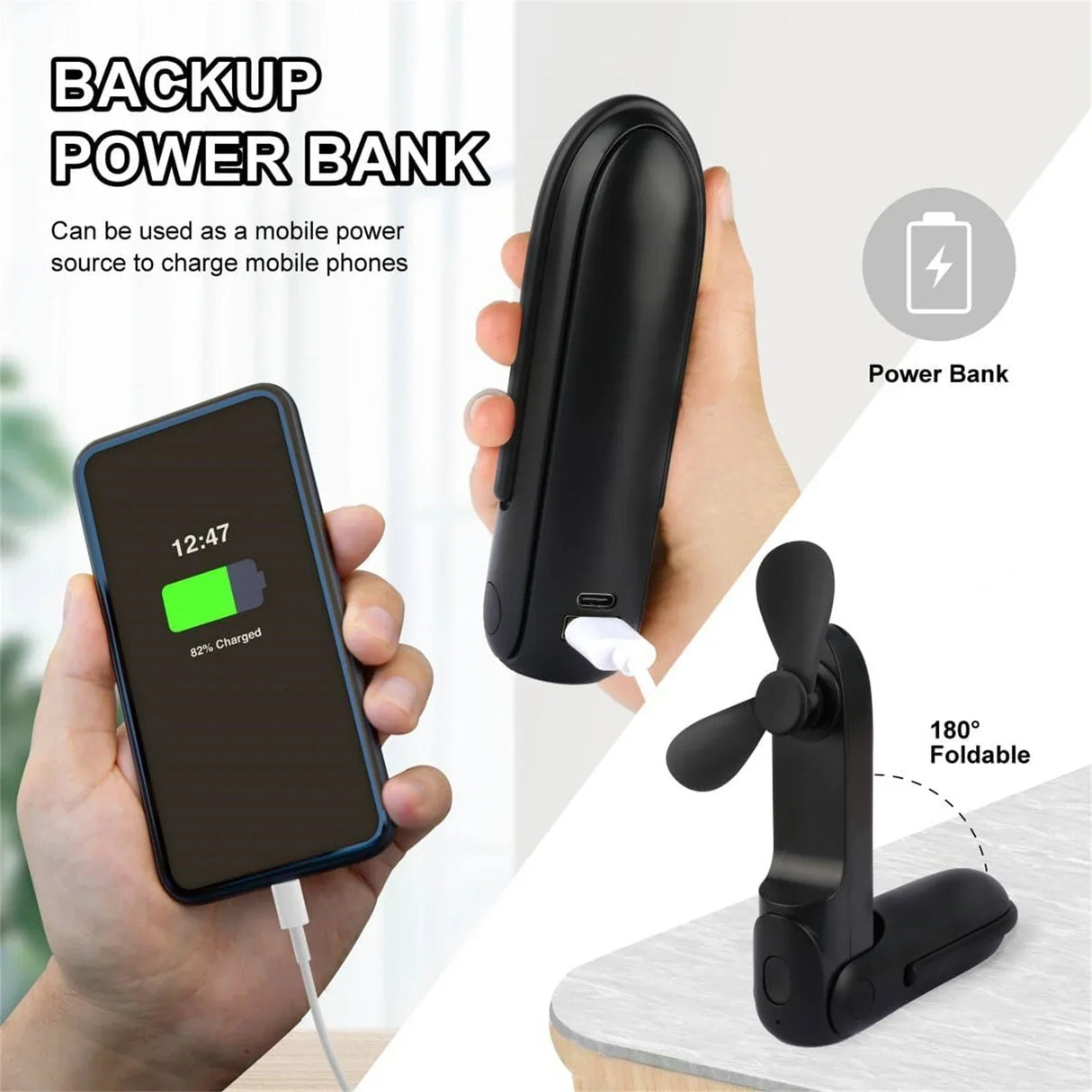 Carvallo 3i1 Mini Fläkt | Handfläkt med Powerbank & Ficklampa | Fällbar, Tyst & Barnsäker – USB uppladdningsbar Carvallo