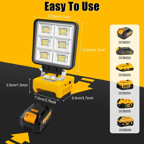 Carvallo 48 LED Arbetsljus | 48W Batteribygglampa | 5200 Lumen | USB-C Laddport | För DeWalt-batterier (utan batteri) Carvallo