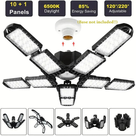 Carvallo LED Garage Lamp | Foldable Ceiling Light with 3–12 Adjustable Panels | E27 Socket | 6500K Daylight – For Workshop, Warehouse & Garage Carvallo