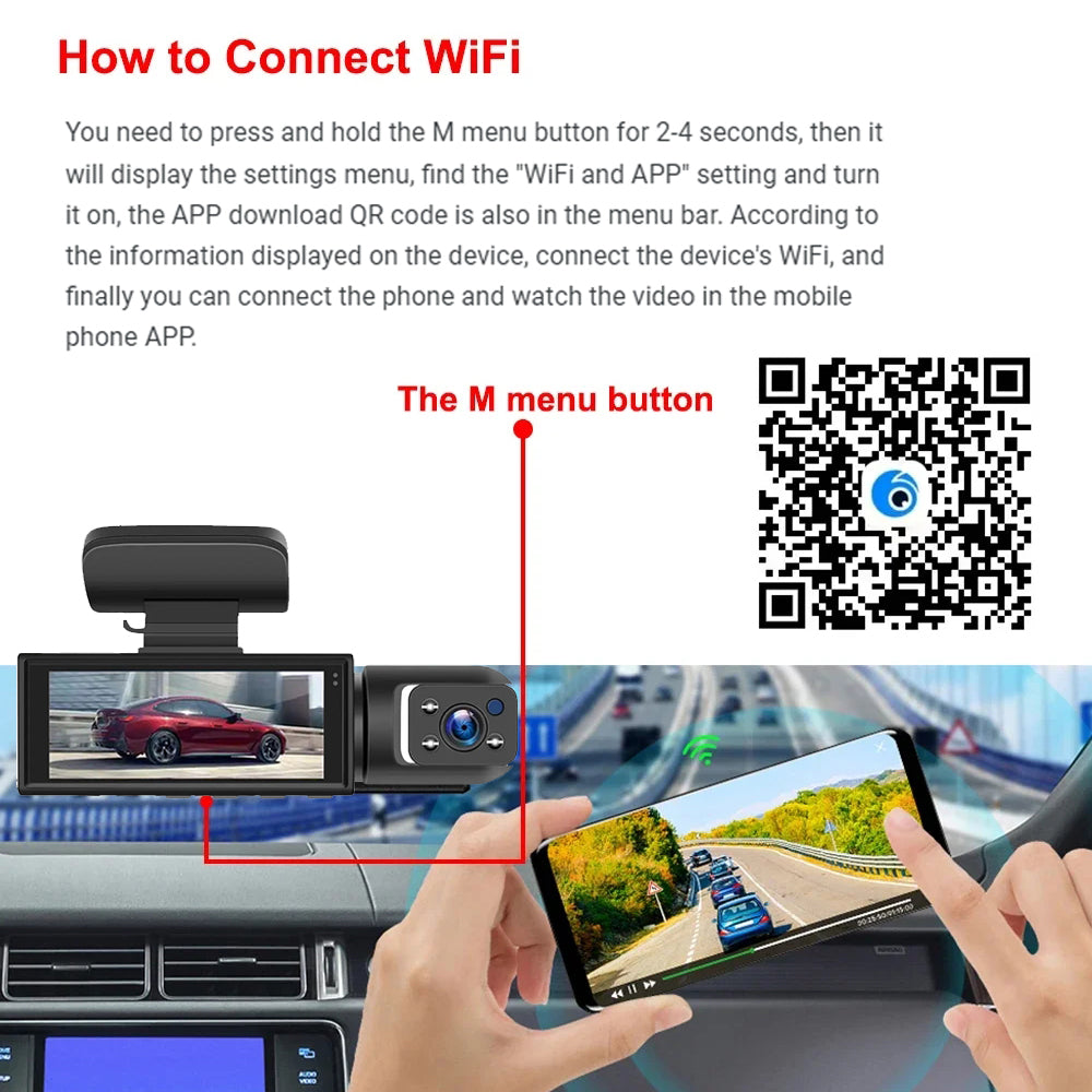 1080P WiFi Dubbelkamera Dash Cam – Främre & Inuti Bilkamera med IR Nattvision & Loopinspelning Carvallo