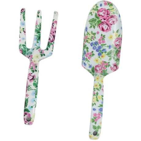 Carvallo GardenSet Trädgårdsverktygssats i rostfritt stål | 2-delad: Handskovel & Blomgaflar | 26–29,5 cm | Blommönster i 6 färger Carvallo