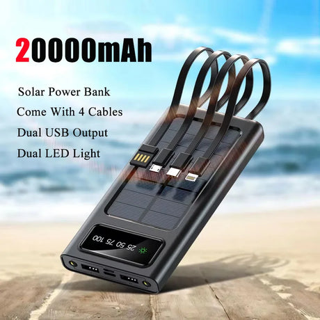 Carvallo Solar Powerbank | 10.000/20.000 mAh | Snabbladdningsfunktion & 4 integrerade kablar | För iPhone, Samsung, Huawei & mer Carvallo