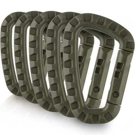 Carvallo 5-pack Taktiska karbinhakar D-form 8,5 × 6 cm | Molle-kompatibla plastklipp med fjädermekanism | Lätta & hållbara för camping, vandring & EDC Carvallo