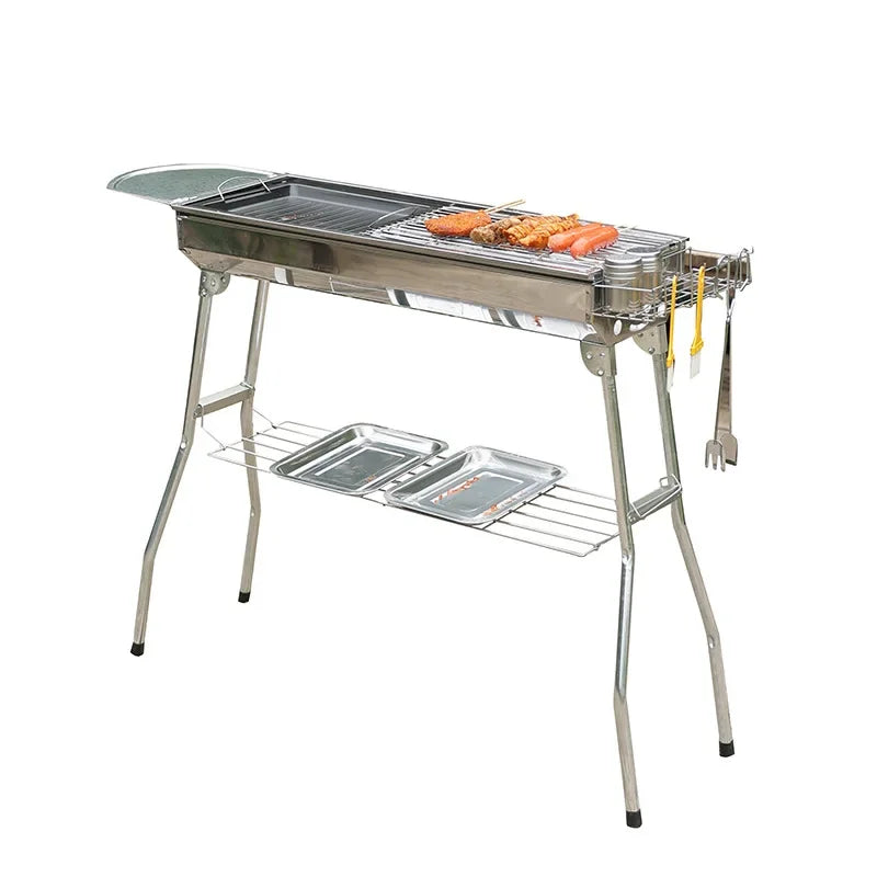 Carvallo Stort kolgrill i rostfritt stål | Hopfällbar & Bärbar | Utan montering | Med handtag | För trädgård & camping Carvallo