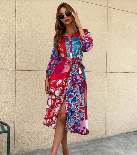 Print Belted skjortklänning med bälte-Clothes for women-Hemnix-Röd-M-Hemnix