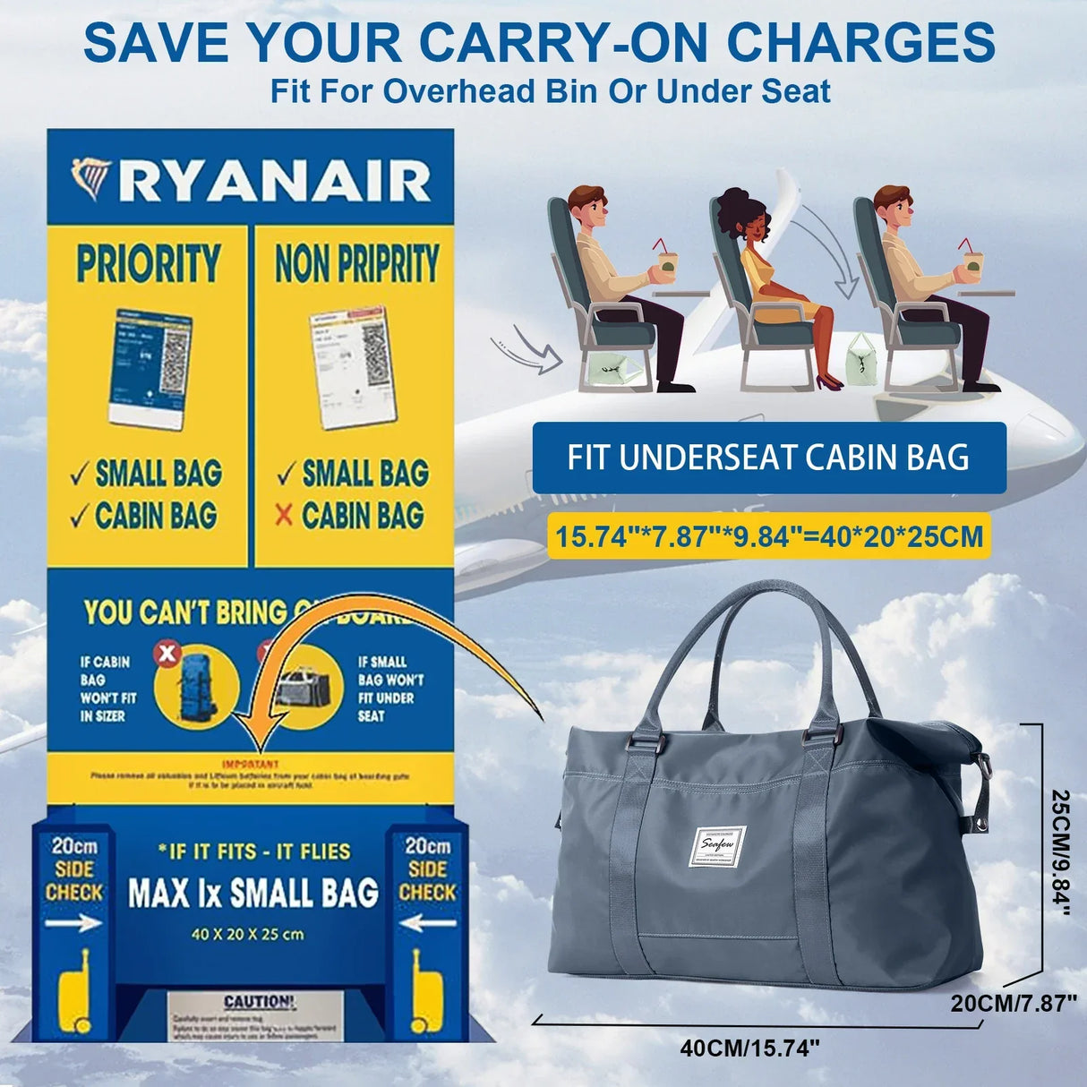 Carvallo Resväska Handbagage 40x20x25 | Stor kapacitet | Weekender för korta resor | Flygkunglig kabinväska Carvallo