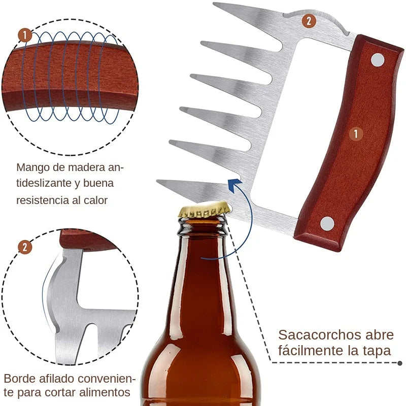 Carvallo BBQ köttklor i rostfritt stål | Med trähandtag & flasköppnare | Perfekt för Pulled Pork, kyckling & grillat kött Carvallo