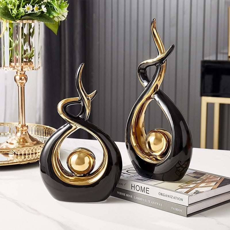 Abstrakt Keramisk Skulptur | Modern Inredning med Guld Accenter | Hylla eller Skrivbordsornament Carvallo