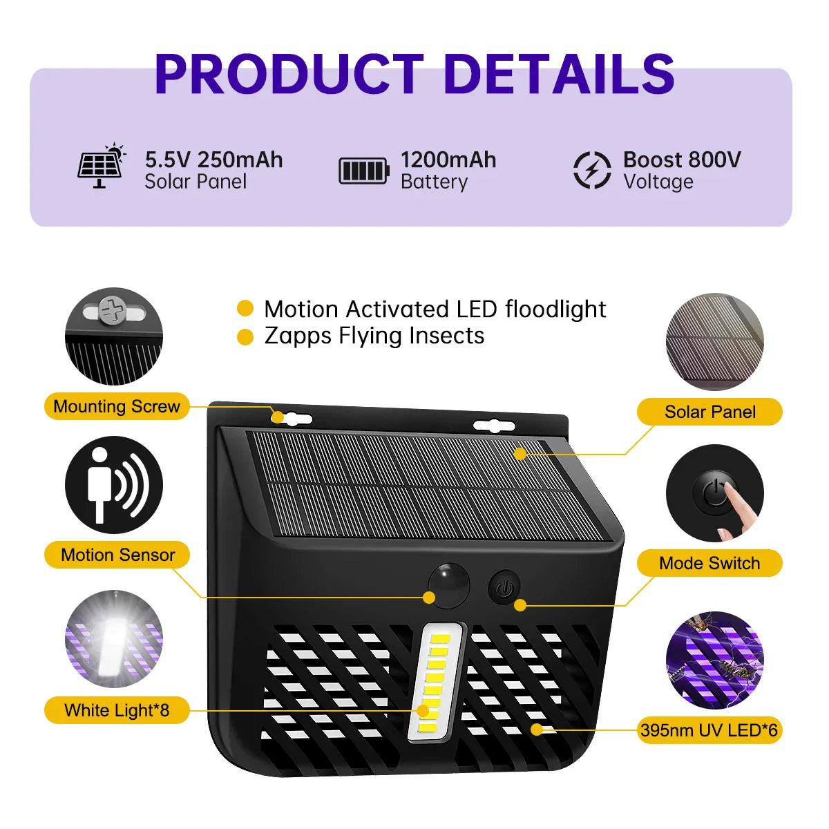 Carvallo | Solar-Insektutrotare med LED-ljus | UV-myggholk för trädgård och terrass | 2 driftslägen | Vattentät Carvallo