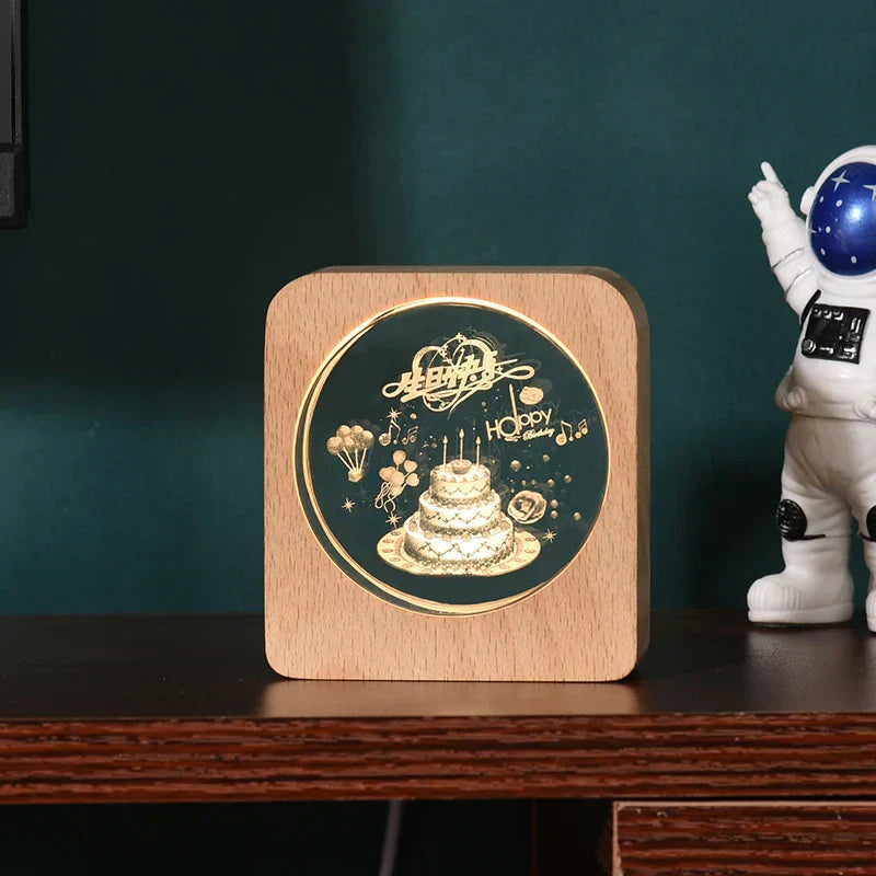 LumiWood - 3D Trä Nattlampa med Gravyr och Varm LED-belysning Carvallo