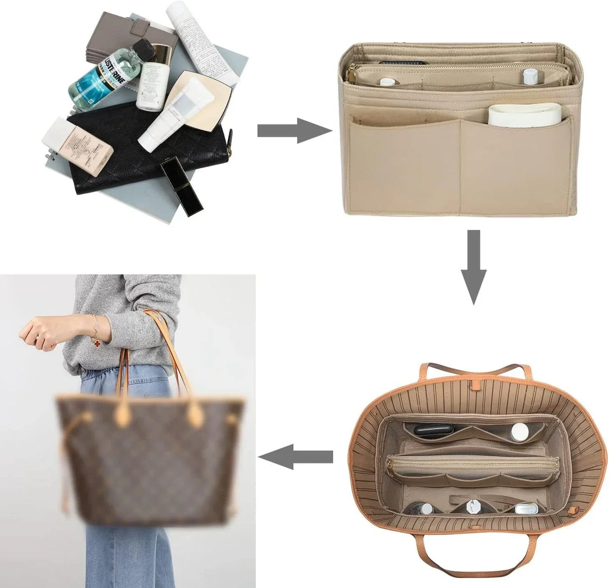 Carvallo Organizer Inlay | Filzinsats med dragkedja | 15 fack & nyckelband | För handväskor & shoppare Carvallo