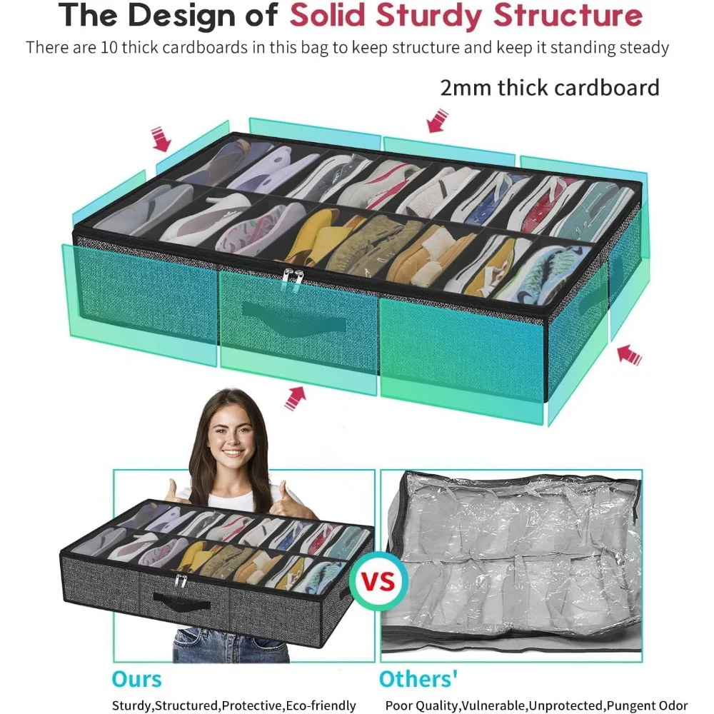 Carvallo Skoförvaringslåda | Underbäddsförvaring för 12 par | Fällbar & Dammtät | Med fönster Carvallo