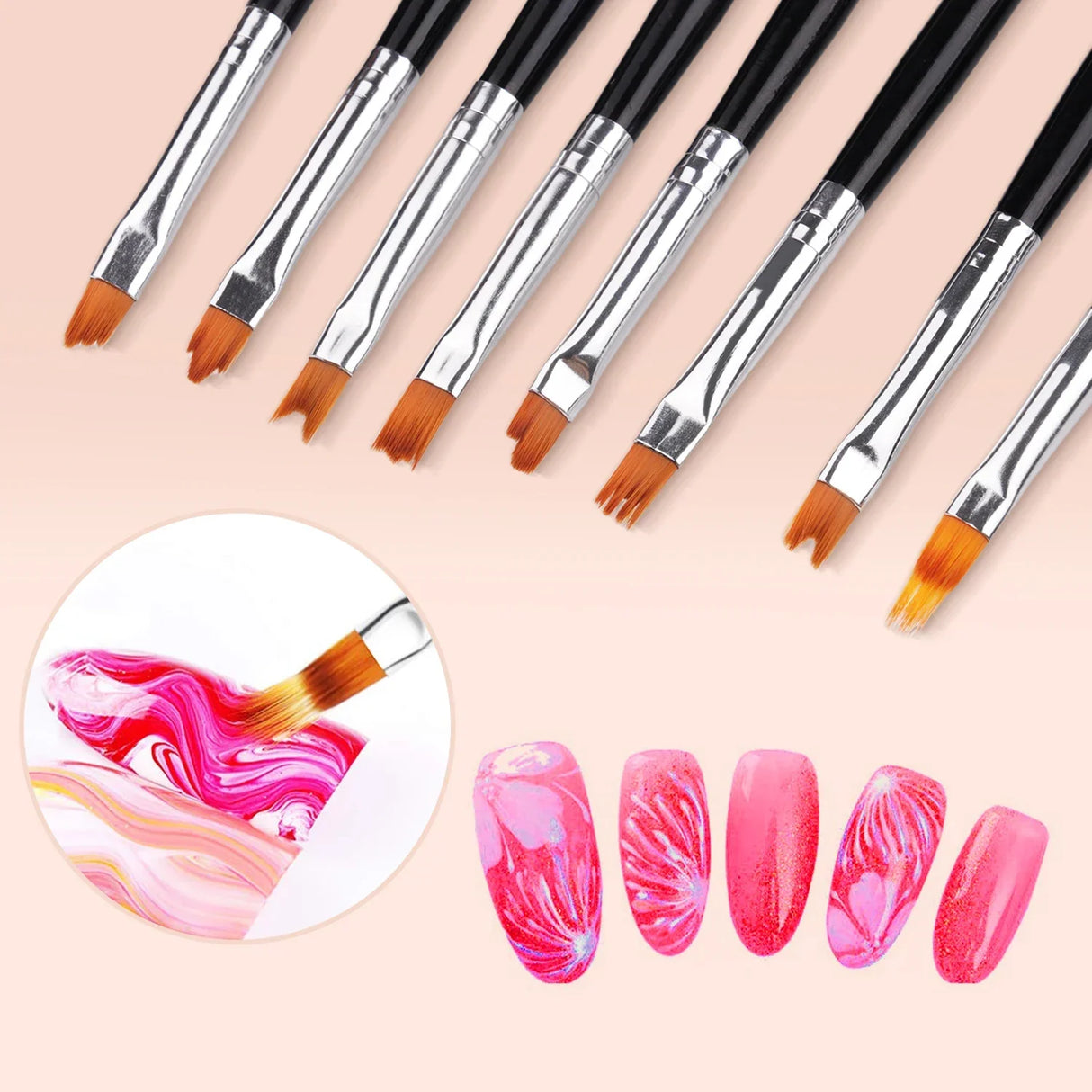 Carvallo-penselsæt NailMuse 8-pak | Fine detaljpenner til gel og neglekunst | Træhåndtag | Fås i 5 farver Carvallo