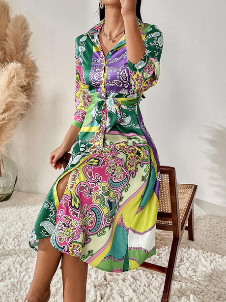 Print Belted skjortklänning med bälte-Clothes for women-Hemnix-Ljusgrön-S-Hemnix