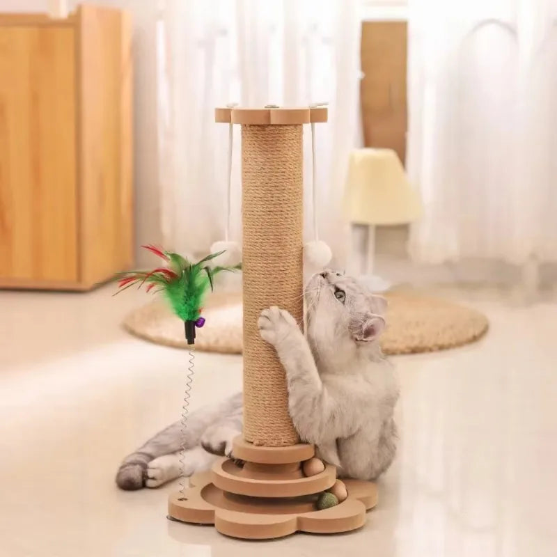 Carvallo | Sisal-Kratzbräda med svängplatta & leksaksbollar | Massivträ katt-leksak | Kratzbräda & klättrahorn i ett | 40 × 24 cm Carvallo
