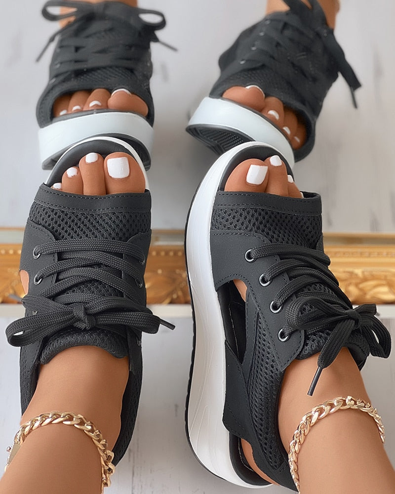 Chic Panelklädda Snörskor Sandaler-Shoes for Women-Hemnix-Svart-35-Hemnix