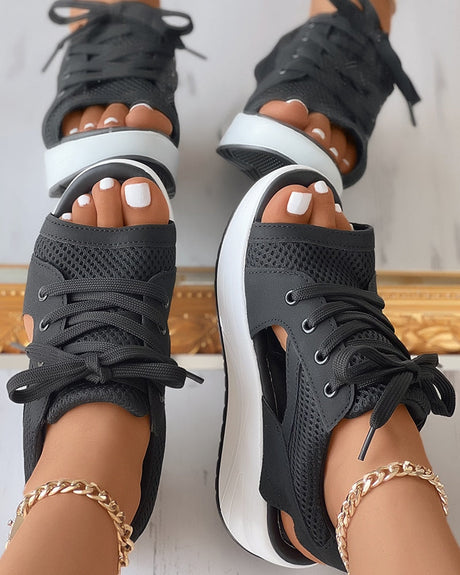 Chic Panelklädda Snörskor Sandaler-Shoes for Women-Hemnix-Svart-35-Hemnix