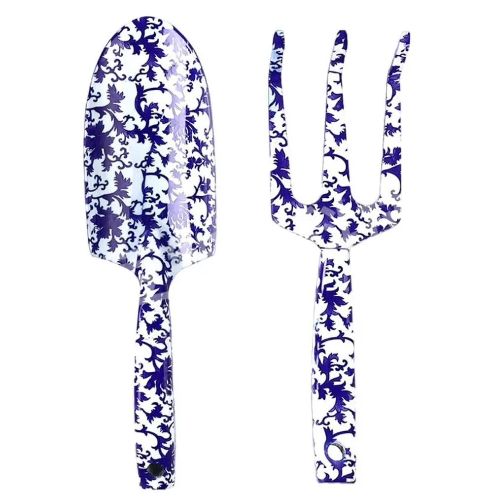 Carvallo GardenSet Trädgårdsverktygssats i rostfritt stål | 2-delad: Handskovel & Blomgaflar | 26–29,5 cm | Blommönster i 6 färger Carvallo