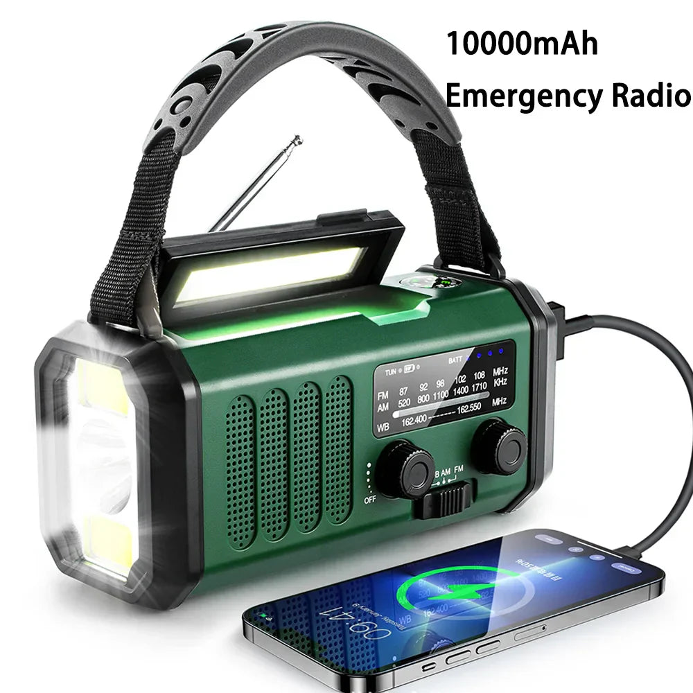 10000mAh Solcells Handvevad Nödradio med NOAA, Ficklampa och Powerbank Carvallo